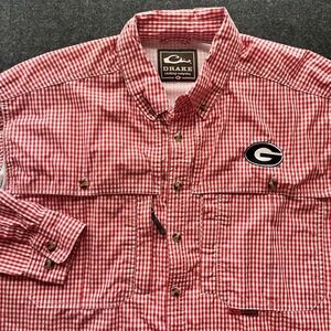 UGA Georgia Bulldogs Drake Long Sleeve Red Gingham Fishing Shirt Mens M